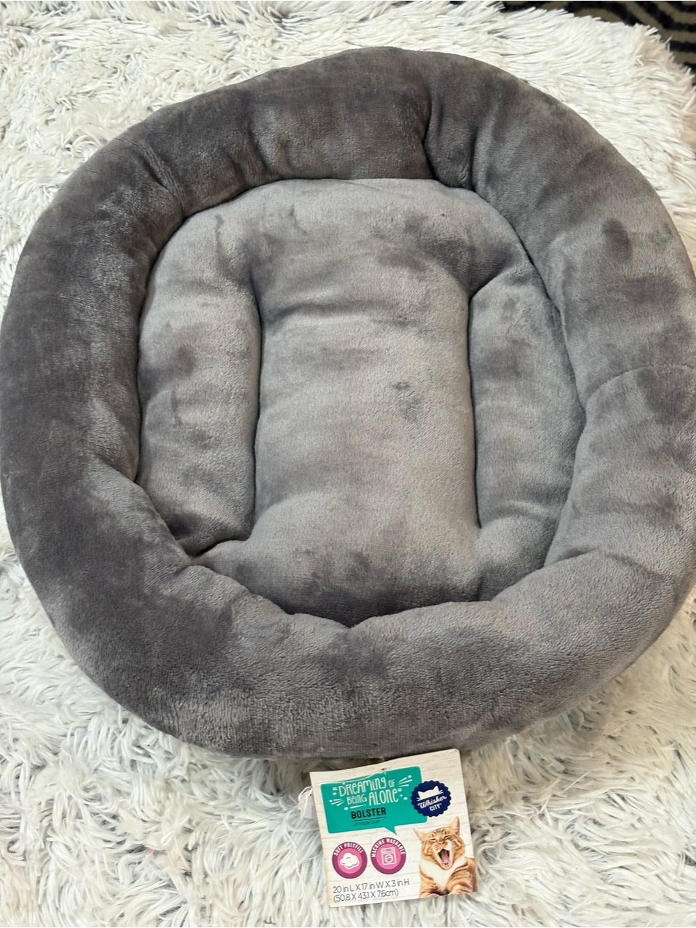Whisker City Gray Bolster Pet Bed XS Plush Washable Cat Dog Bed 20x17 - Picture 2 of 8